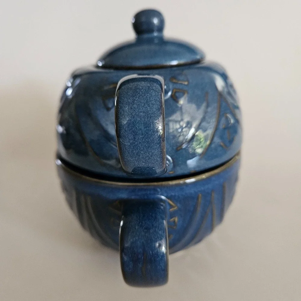 Pier 1 Blue Stoneware Stackable Tea Set Tea Pot Lid and Cup Mug Glazed